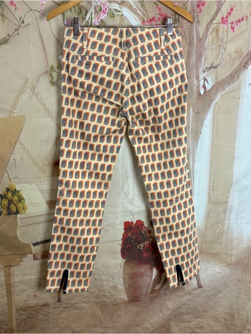NEW Tory Burch Beige and Navy Geometric Straight-Leg Pants - Picture 5 of 10